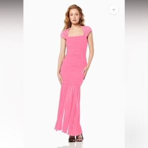 elliatt capra hot pink mesh overlay ruched squre neckline maxi gown dress small